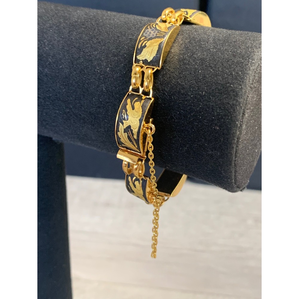Vintage Damascene Gold Tone Black Enamel Bird Floral Link Bracelet 7 Inch